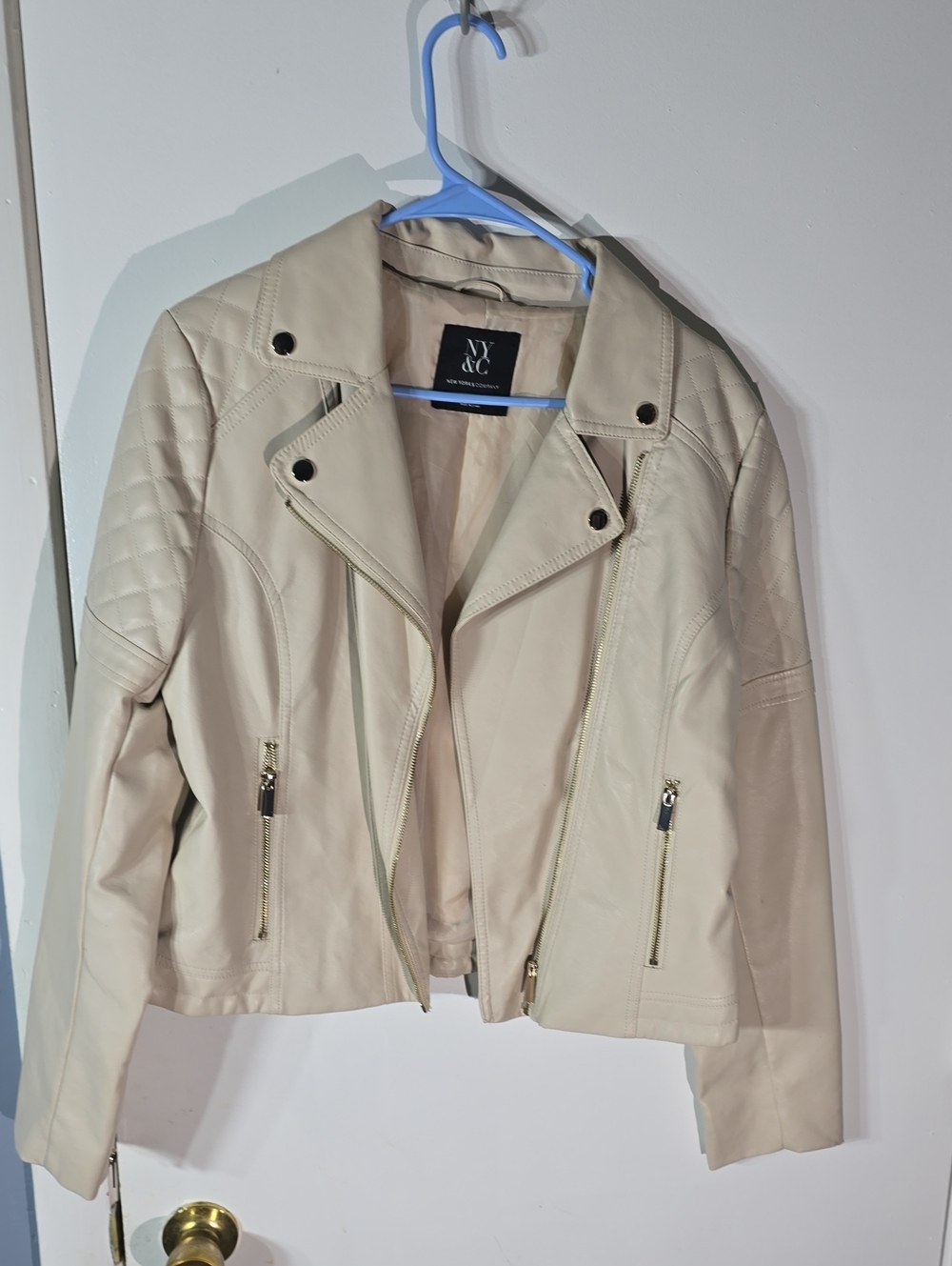 New York & Company Cream Faux Leather Moto Jacket with Quilted Shoulders